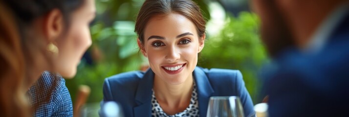 Friends meet for lunch at a restaurant in a green urban setting during midday hours
