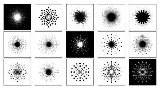 Set of monochrome sunburst and starburst halftone dot patterns and radial designs.