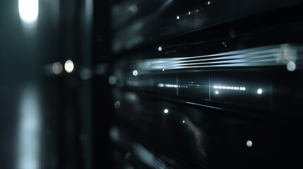 High-speed data transfer in a modern IT and technology server room with sleek dark infrastructure and blurred motion lights