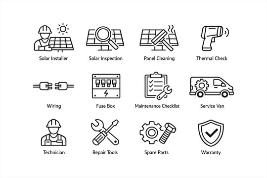 Solar energy system line icons: installation, maintenance, repair tools, service van, warranty