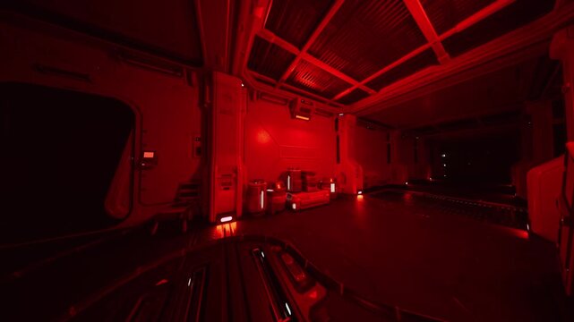 redlit empty spacecraft cargo bay, blinking consoles and grated metal floor, exposed ceiling beams and bulkhead doors, emergency alarm lights casting crimson