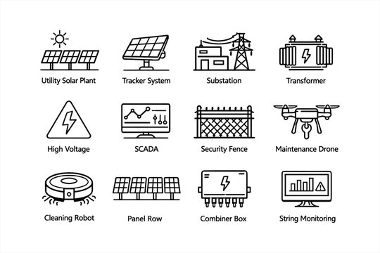Renewable energy systems icons: solar, tracker, substation, transformer, drone, scada