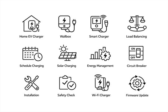 Icons illustrating ev charger setup and management tools