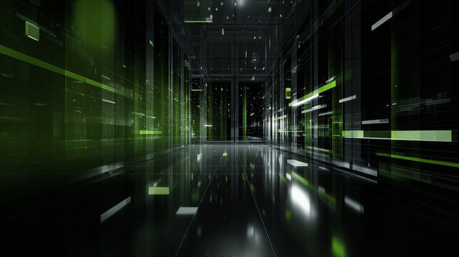 Futuristic IT and technology infrastructure corridor with neon green lights, sleek architecture, and modern computer systems in a high-tech data center - Powered by Adobe