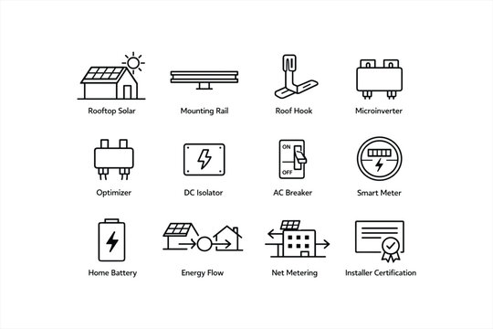 Solar panel system components diagram with energy flow and metering elements