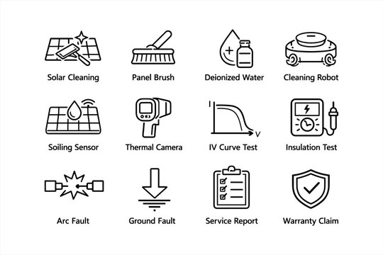 Solar maintenance icons: cleaning robot, thermal camera, ground fault, warranty claim