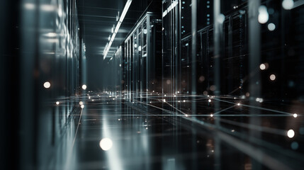 Modern data center corridor with sleek servers and IT infrastructure, showcasing technology and innovation in a futuristic environment