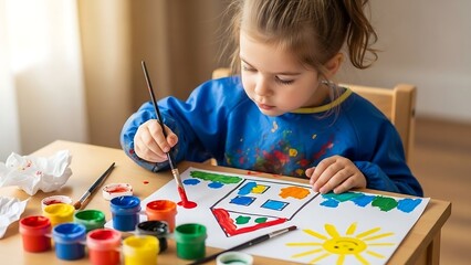 Little girl painting with colorful paints.