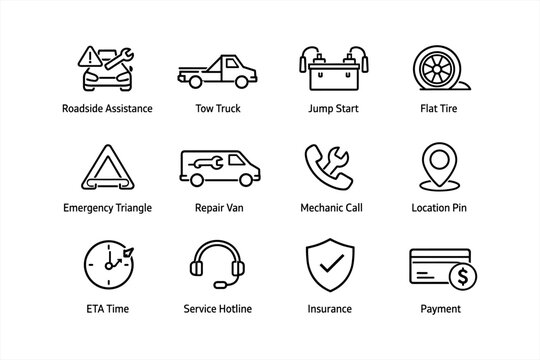 Roadside assistance icons collection - tow truck, jump start, flat tire, repair van