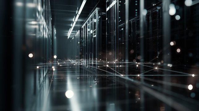 Modern data center corridor with sleek servers and IT infrastructure, showcasing technology and innovation in a futuristic environment - Powered by Adobe