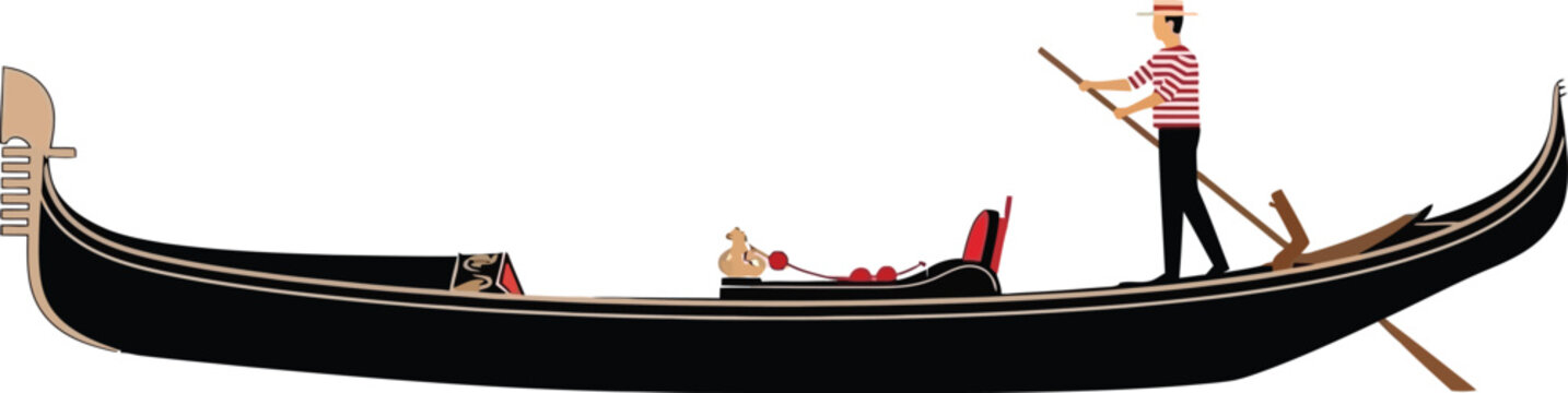Gondolier rowing traditional black gondola boat on canal with passenger during sightseeing tour in venice italy