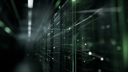 A futuristic server room with rows of IT and technology infrastructure glowing with green lights and data streams