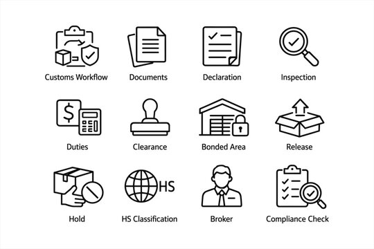 Customs workflow and inspection icons representing clearance, duties, and compliance