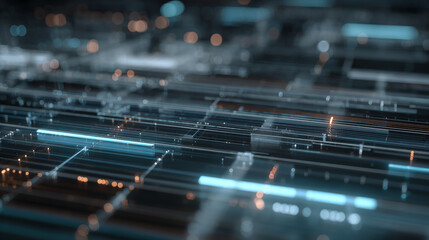 Advanced IT and technology infrastructure grid system with futuristic circuitry and data transmission lines in a digital landscape viewed from a high-tech perspective