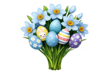 Easter eggs nestled in blue daffodil bouquet celebrating spring