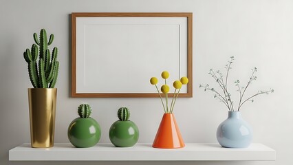 Modern shelf with colorful vases and cacti