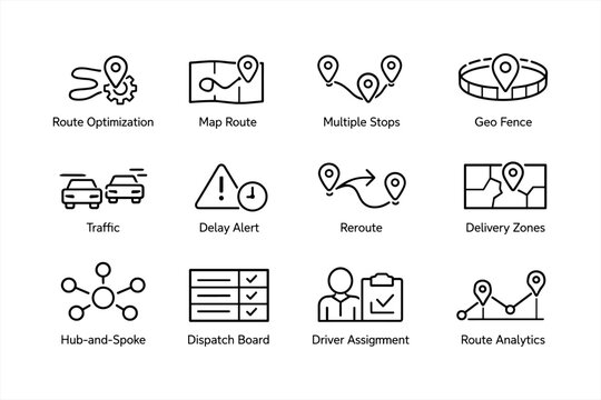 Delivery and navigation icons featuring route optimization and geo fencing