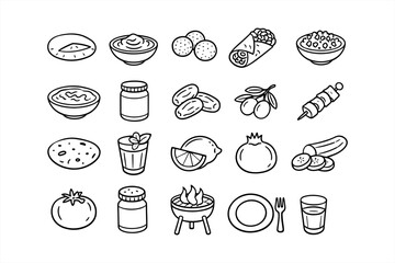 Collection of mediterranean food icons featuring diverse dishes and ingredients