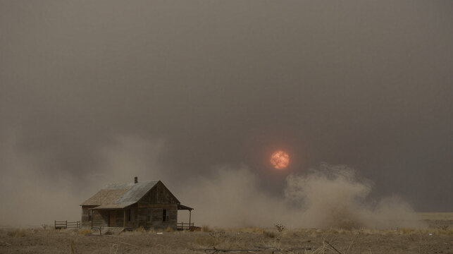 Cinematic Dust Bowl dusk: a lone farmhouse dwarfed by a colossal Black Blizzard on the Great Plains, sun turned into a_00001_.png