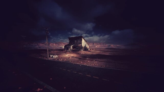 abandoned house under stormy night sky, isolated farmhouse bathed in warm window glow, cracked road and barren field stretching into dark horizon, dead tree