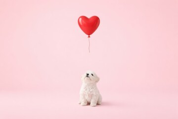 A cute puppy gazes up at a floating red heart balloon against a soft pink background.