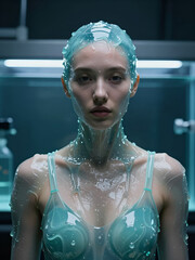 Futuristic Bioluminescent Fashion: Viscous Gel Fabric Clinging to Skin Texture.
