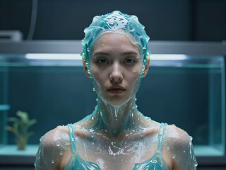 Futuristic Bioluminescent Fashion: Viscous Gel Fabric Clinging to Skin Texture.