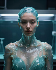 Upper Body Shot of Woman in Translucent Teal Hydro-Synthetic Gel Bodysuit.