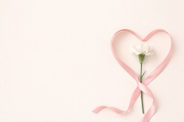 A delicate heart shape created with pink ribbon surrounds a white carnation flower, symbolizing love and affection against a soft background.