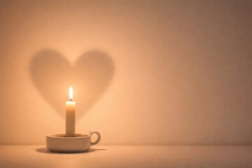 A candle in a cup casts a warm heart-shaped shadow on a soft background, creating a romantic and serene ambiance.