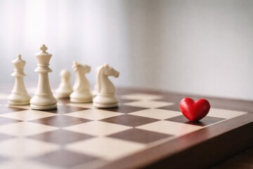 A chessboard features white pieces in the background, with a prominent red heart in the foreground, symbolizing love and strategy.