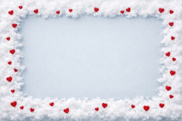 A frosty frame of white snow adorned with scattered red hearts, creating a romantic and winter-themed backdrop.