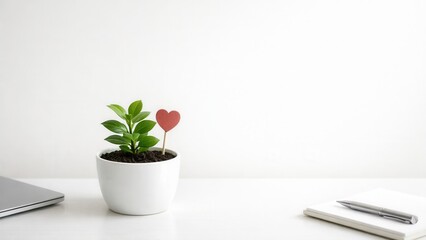 A small green plant in a white pot sits on a desk, accompanied by a heart-shaped marker, a laptop, and a notebook, creating a calm workspace atmosphere.