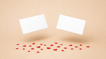 Two blank cards float above scattered red hearts on a soft, beige background, symbolizing love and connection.