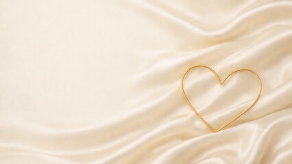 A golden heart shape rests on luxurious beige silk, creating an elegant and romantic backdrop.