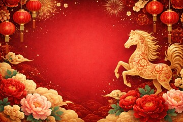 A vibrant illustration featuring a golden horse among colorful flowers and lanterns, symbolizing prosperity and celebration.