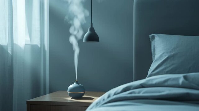 Minimal bedside essential oil diffuser releasing steam in modern bedroom interior, concept of relaxation and healthy sleep