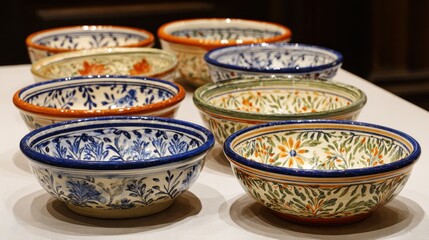 A collection of beautifully painted ceramic bowls showcasing intricate floral patterns and vibrant colors, arranged on a table.