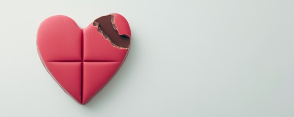 A pink heart-shaped chocolate with a piece missing, set against a light background, evokes feelings of love and sweetness.