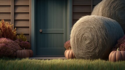 A cozy farm scene featuring a green door, hay bales, pumpkins, and colorful foliage, evoking a warm autumn atmosphere.