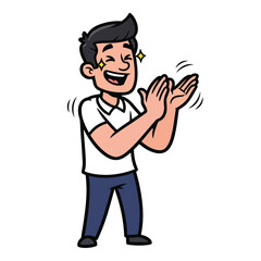 Cartoon man clapping hands with excitement and big smile