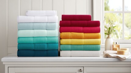 A neatly arranged stack of colorful towels in various shades, displayed on a countertop near natural light, creating a fresh and inviting atmosphere.