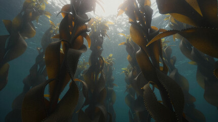 Underwater forest of giant bull kelp swaying toward the surface, sunlight filtering through bronze fronds