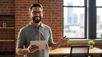 Man presenting digital tablet in office