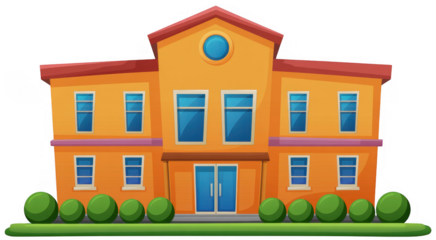 Orange school building with blue doors yellow red roof isolated on a transparent background