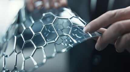 Close-up of hands holding and examining a flexible, shiny, honeycomb-patterned material
