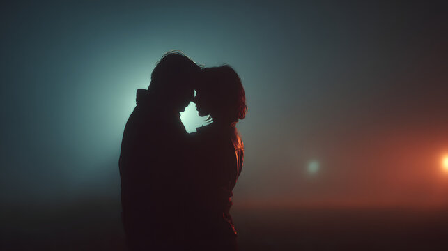 Silhouetted lovers passionately embrace in the mysterious moody fog creating a dramatic and captivating cinematic scene with a sense of intimacy emotion and suspense
