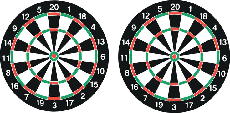 Two standard dartboards with black, white, green, and red colors, numbered sections for scoring, and bullseye targets, for darts game.