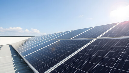 Solar panels on rooftop under clear blue sky, renewable energy and sustainable power generation