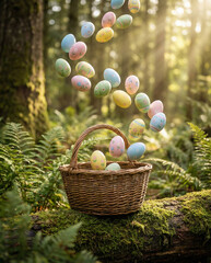 Magical pastel Easter eggs floating into wicker basket on mossy log in sunlit enchanted forest